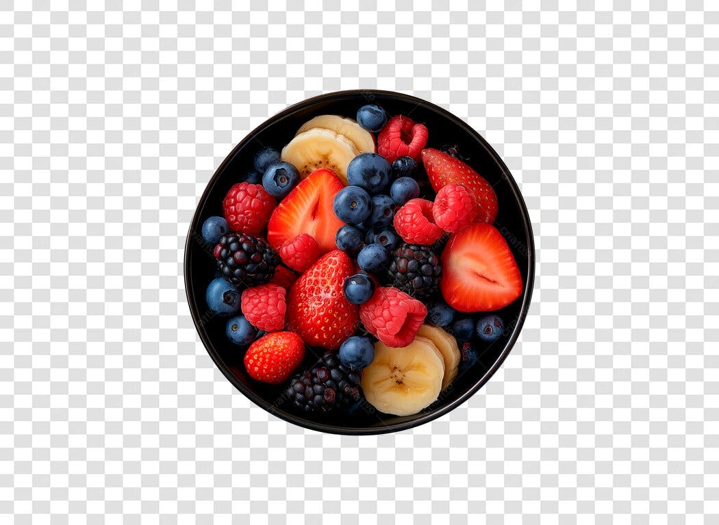 Foto de Alimentos Tigela de Frutas Vermelhas Mistas e Banana Saudável PNG com fundo transparente
