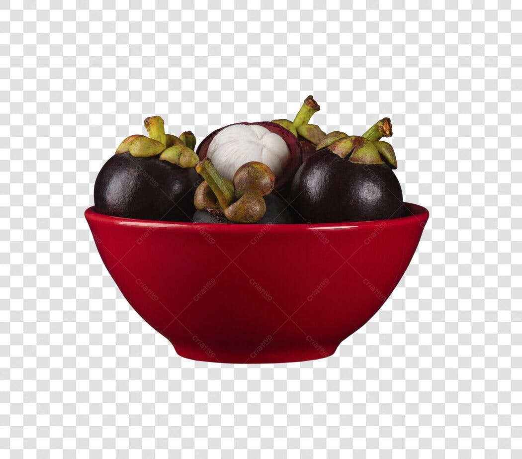 Imagem de Produto Mangostins em Tigela Vermelha PNG com fundo transparente