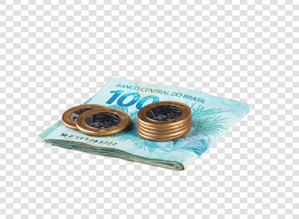 Recurso gráfico dinheiro brasileiro nota de 100 reais e moedas PNG com fundo transparente