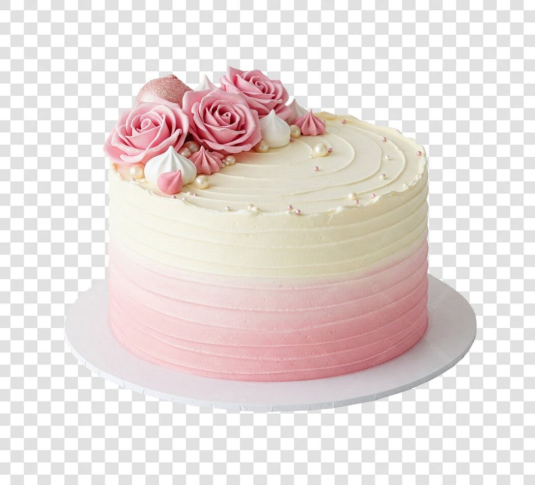 Bolo de Aniversário Rosa e Branco com Flores e Pérolas PNG com fundo transparente