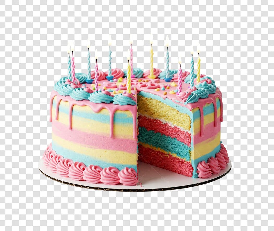 Bolo de Aniversário Fatiado com Velas Coloridas PNG com fundo transparente