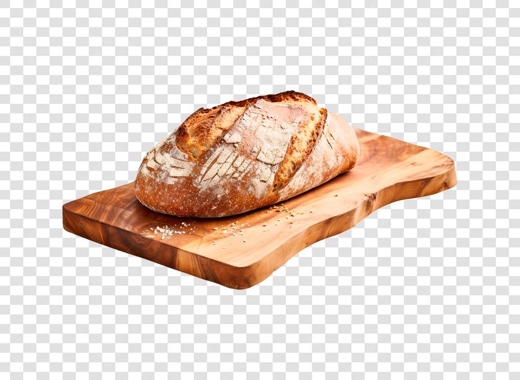 Objeto para design Pão artesanal rústico na tábua PNG com fundo transparente