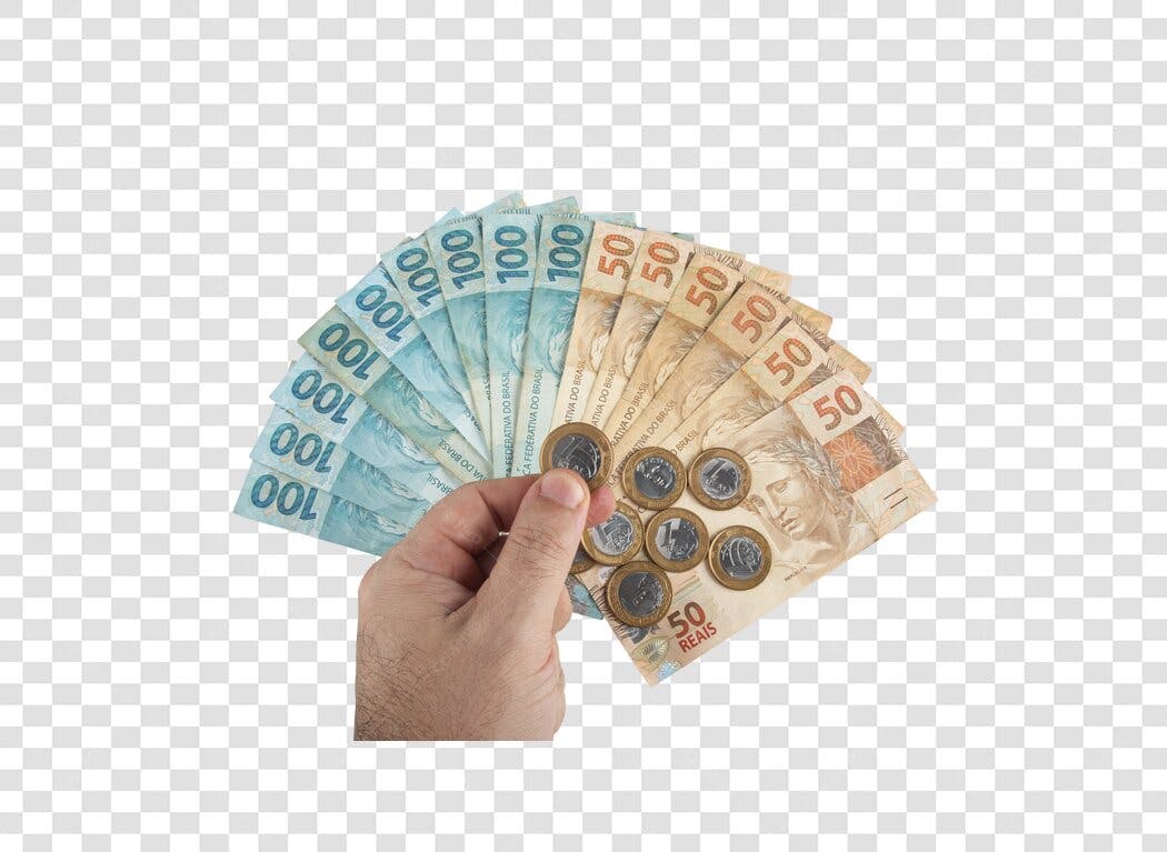 Ilustração dinheiro real brasileiro notas 100 e 50 moedas mão PNG com fundo transparente