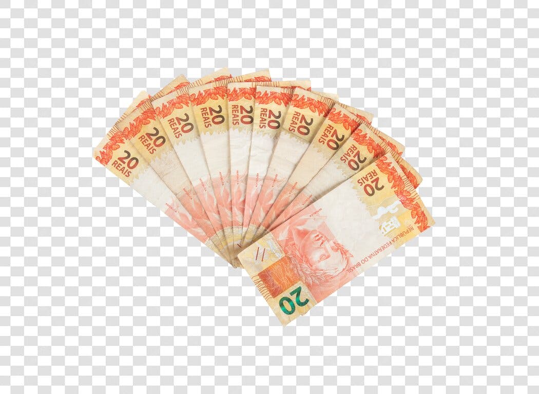 Notas de 20 Reais Brasileiros em leque PNG com fundo transparente