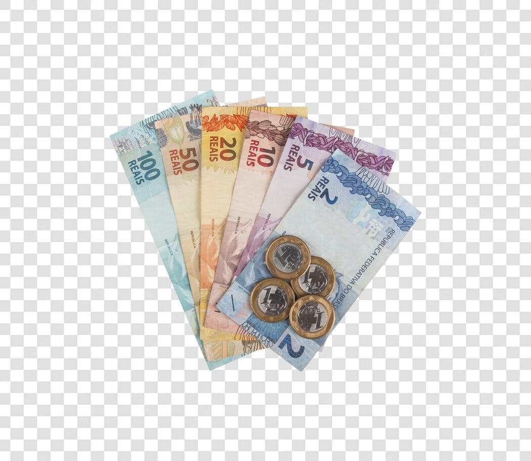 Recurso Financeiro notas e moedas Reais Brasileiros coloridas PNG com fundo transparente