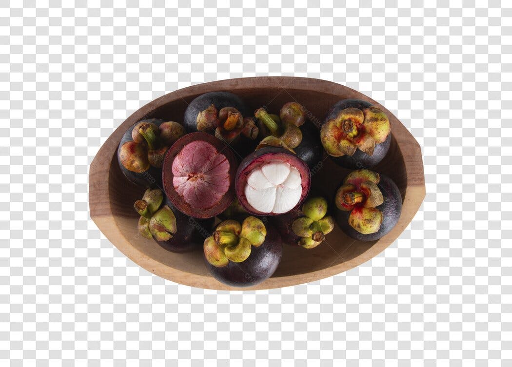 Frutas Mangostões Roxos e Brancos em Tigela PNG com fundo transparente
