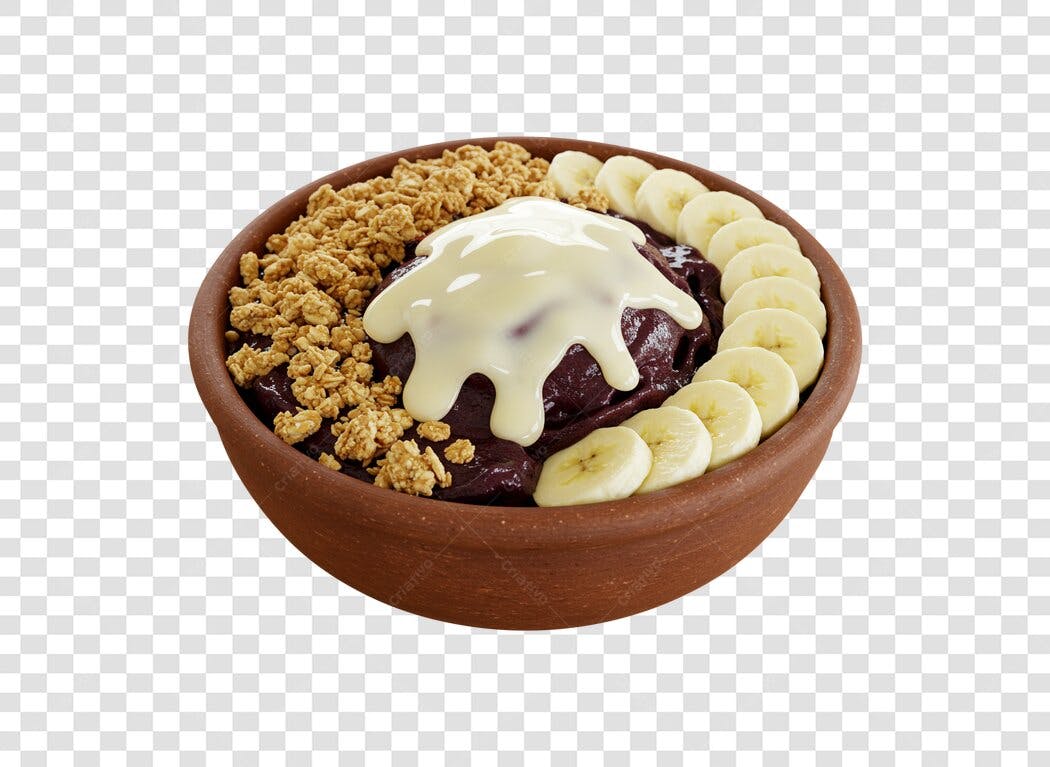 Elemento gráfico Açaí na tigela com granola banana e calda branca PNG com fundo transparente