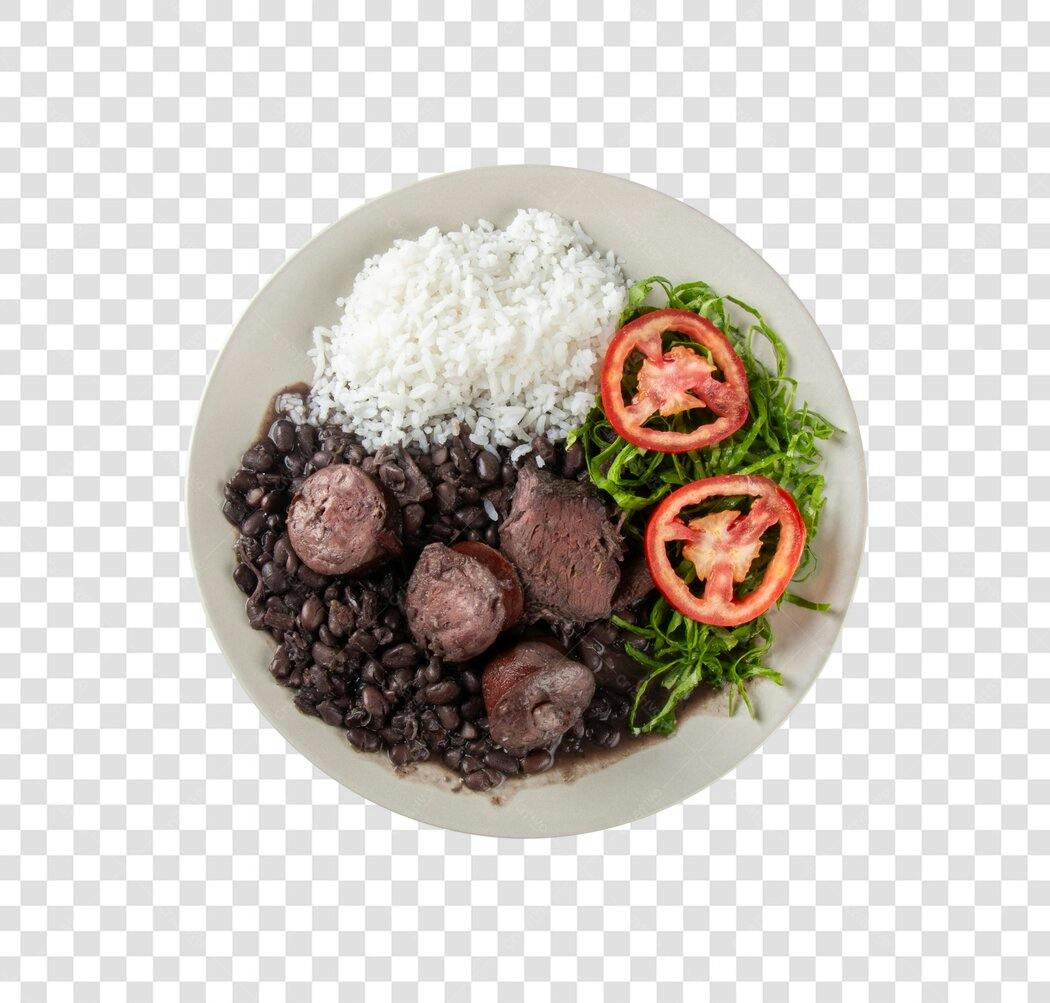 Prato de comida brasileira feijoada completa com arroz e salada PNG com fundo transparente