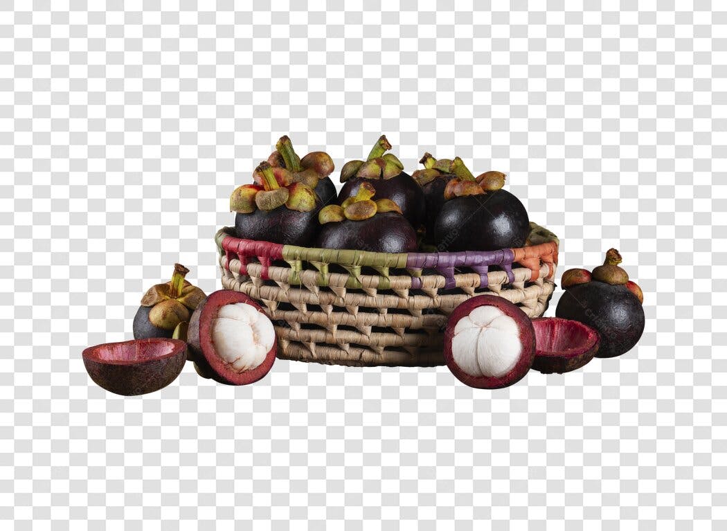 Elemento Gráfico Mangostões Frescos em Cesta Rústica PNG com fundo transparente