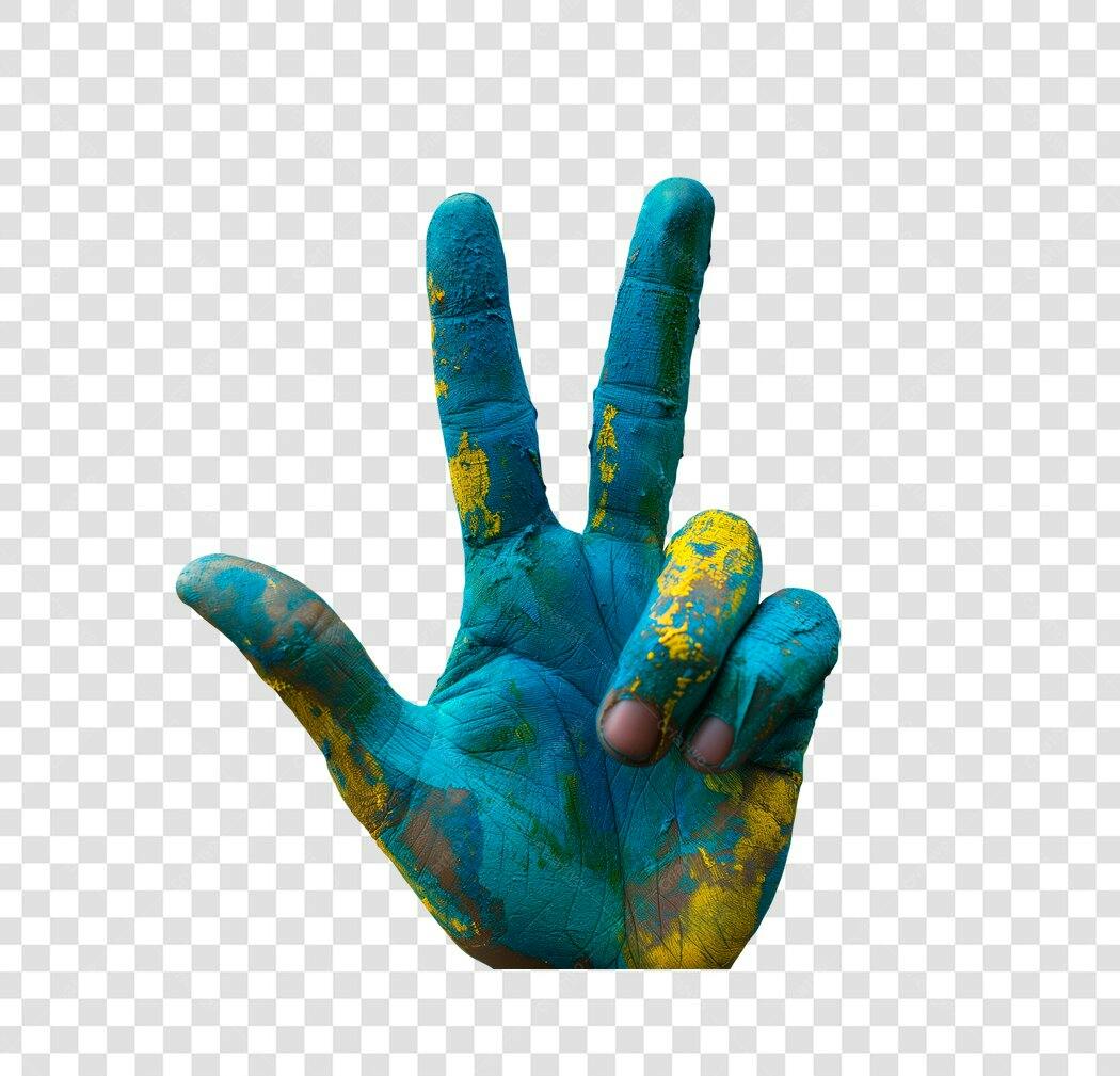 Elemento Gráfico Mão Sinal Paz Cores Vibrantes Azul Amarelo PNG com fundo transparente
