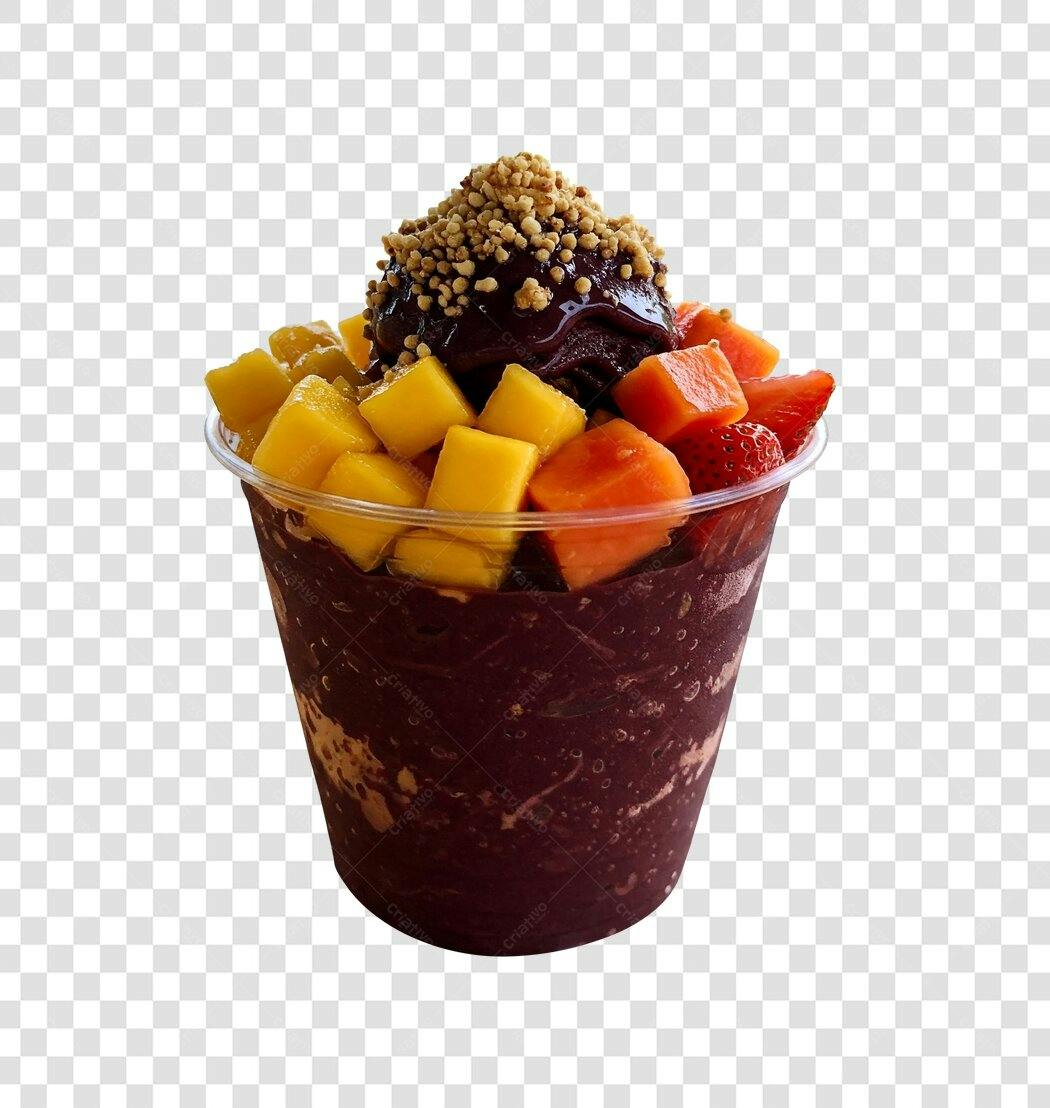 Imagem Açaí roxo com manga mamão morango e granola PNG com fundo transparente