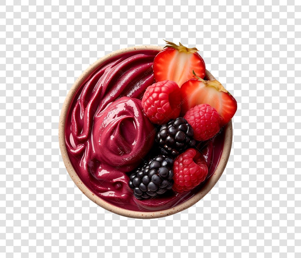 Imagem Tigela Açaí Roxa Frutas Vermelhas Morangos Amoras PNG com fundo transparente