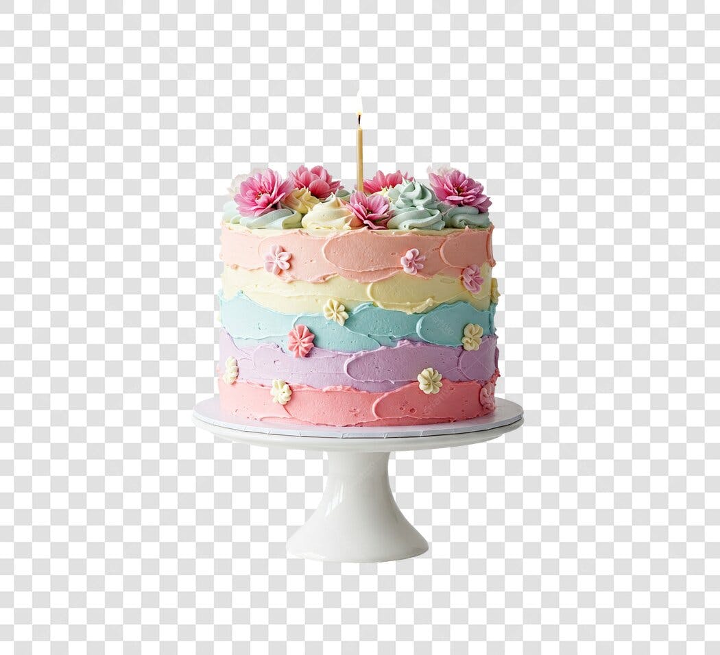 Ilustração de Bolo de Aniversário Colorido com Vela Acesa PNG com fundo transparente