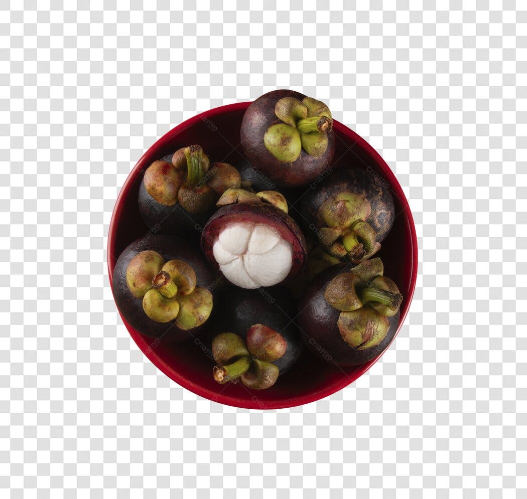 Fruta exótica Mangostins em tigela vermelha PNG com fundo transparente