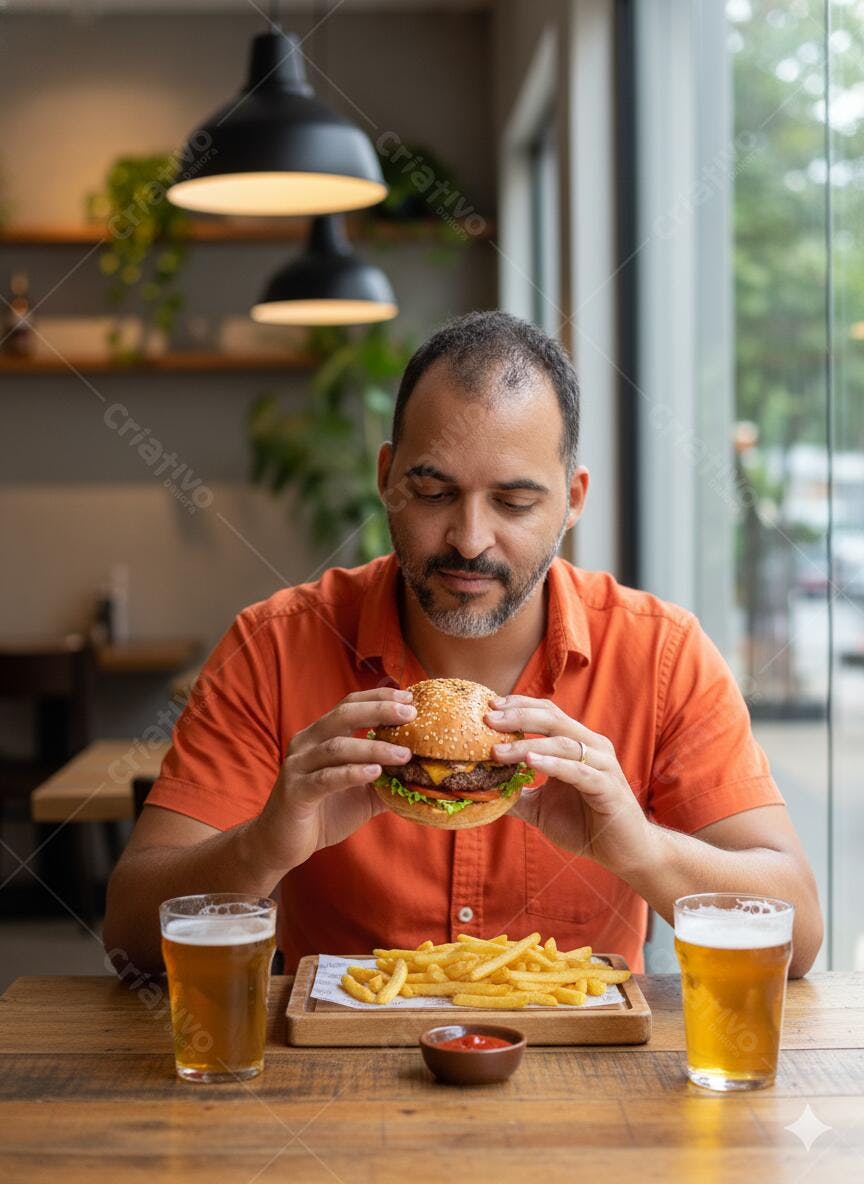 Homem pardo com barba e camisa laranja comendo hambúrguer batata frita e cerveja em restaurante
