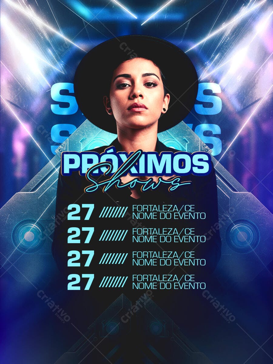 Flyer para Próximos Shows com Artista Feminina Luzes Neon PSD Editável