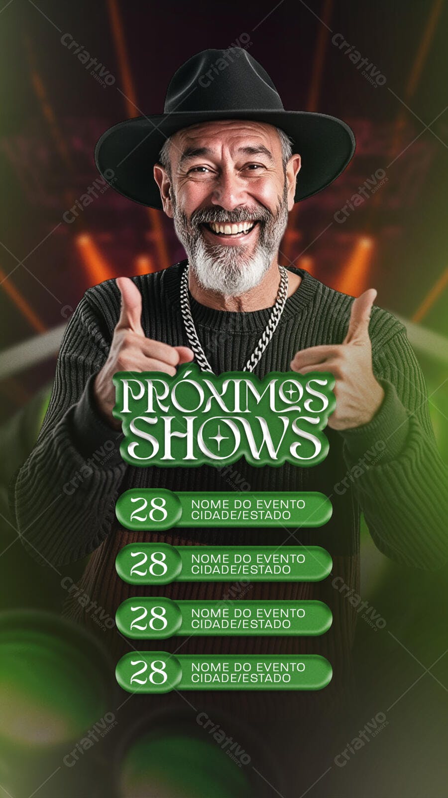 Flyer Vertical para Próximos Shows Homem Barba Chapéu Psd Editável