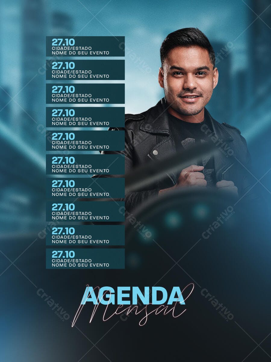 Flyer para Agenda Mensal de Eventos com Homem PSD Editável