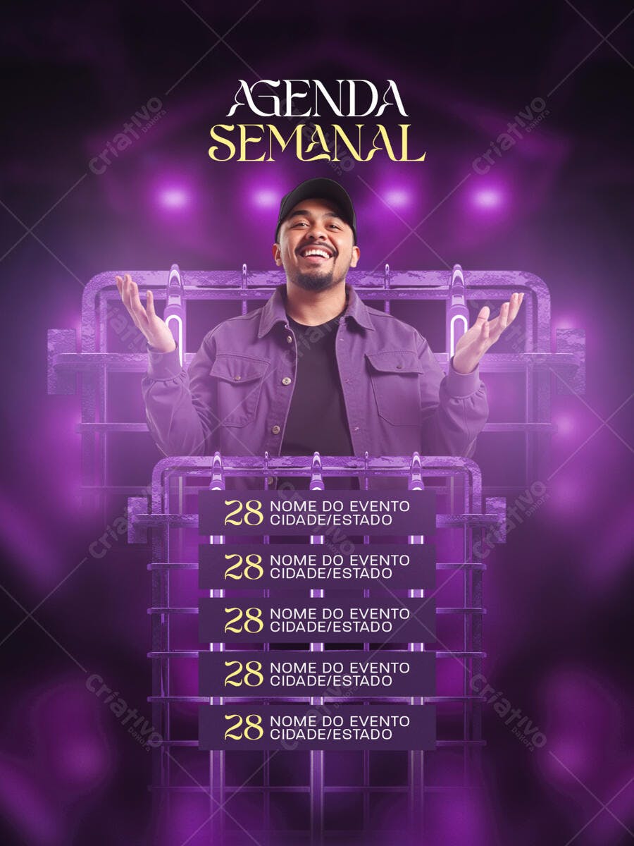 Flyer para AGENDA SEMANAL estilo Neon Roxo PSD Editável