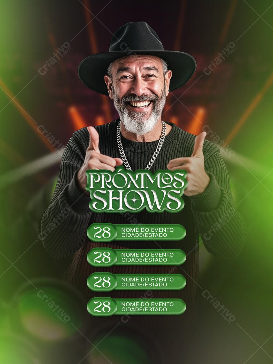 Flyer para Próximos Shows com Artista de Chapéu PSD Editável