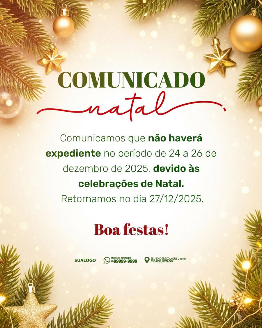 Comunicado Natal Recesso Fim de Ano PSD Editável