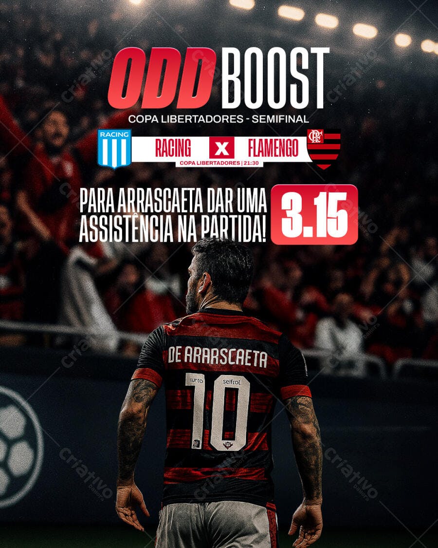 Flyer Aposta Esportiva Flamengo Racing Arrascaeta Copa Libertadores PSD Editável