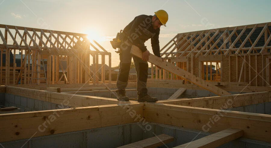 Trabalhador da construção civil com capacete amarelo montando estrutura de madeira ao pôr do sol