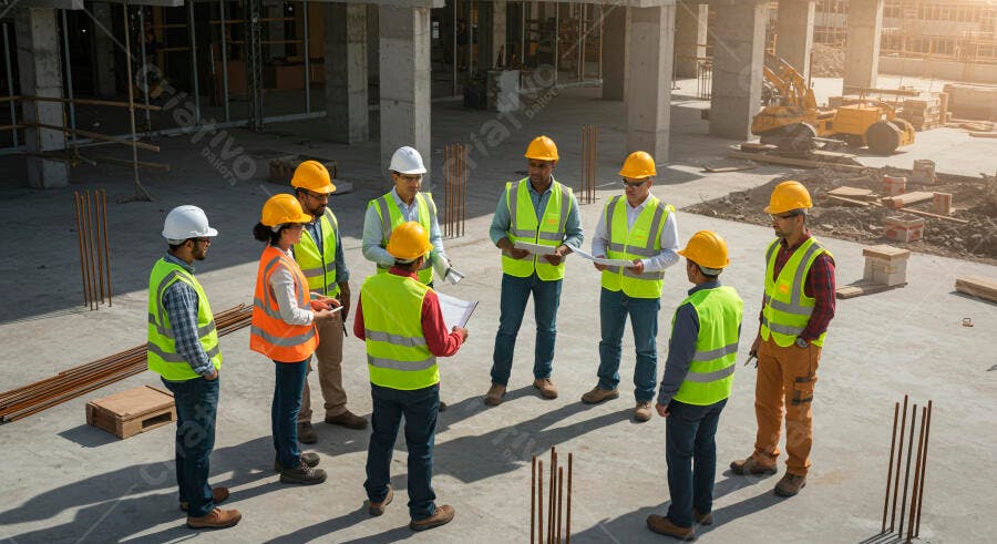 Equipe de construção diversa com capacetes e coletes discutindo planos em canteiro de obras ao sol