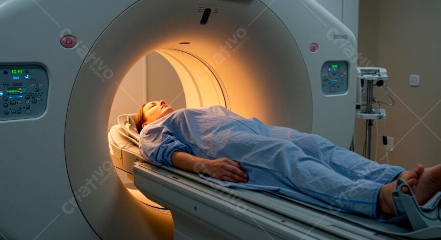 Mulher paciente deitada em scanner de tomografia médica com luz laranja