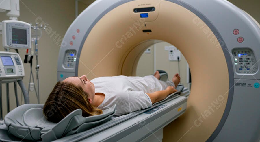 Mulher paciente branca deitada em máquina de tomografia computadorizada hospitalar