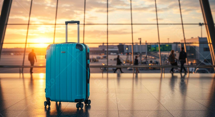 Mala de rodinhas azul clara em terminal de aeroporto ao pôr do sol