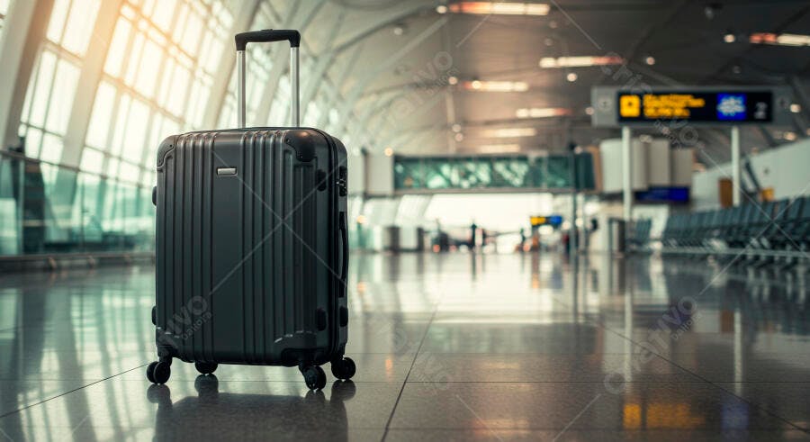 Mala de viagem preta em terminal de aeroporto moderno com luz suave