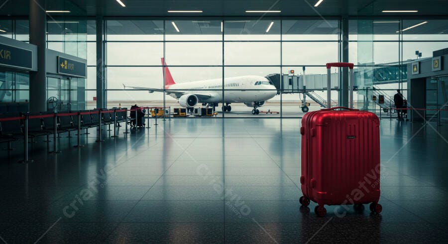 Mala de viagem vermelha em terminal de aeroporto moderno com avião