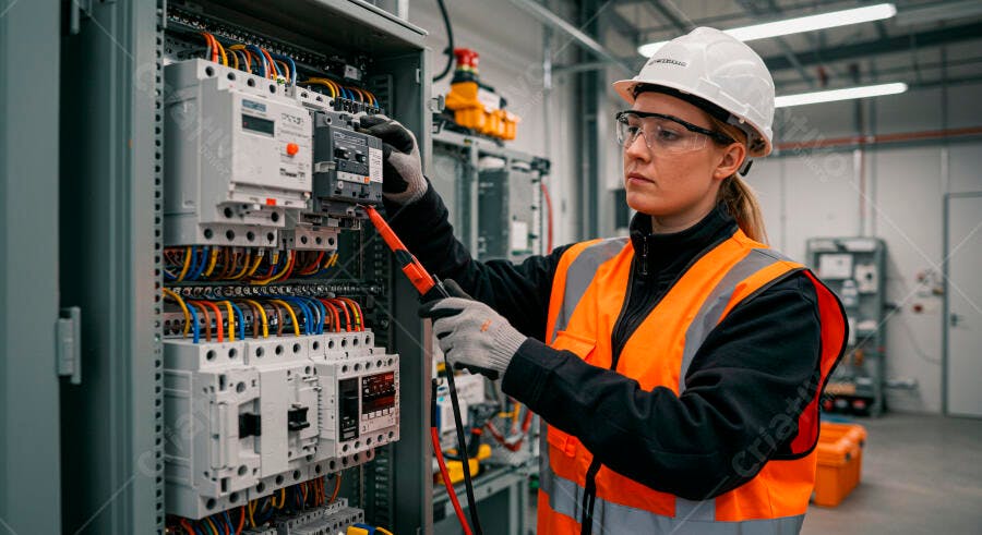 Mulher eletricista caucasiana verificando painel elétrico com multímetro em fábrica moderna