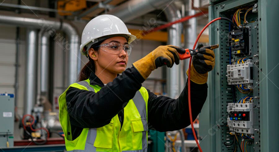 Mulher eletricista focada com capacete branco em painel elétrico industrial