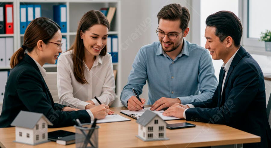 Quatro profissionais diversos assinam documentos imobiliários em escritório moderno