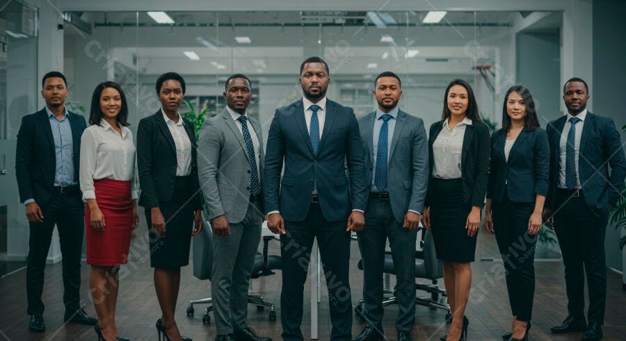 Grupo diversificado de profissionais de negócios confiantes em escritório moderno