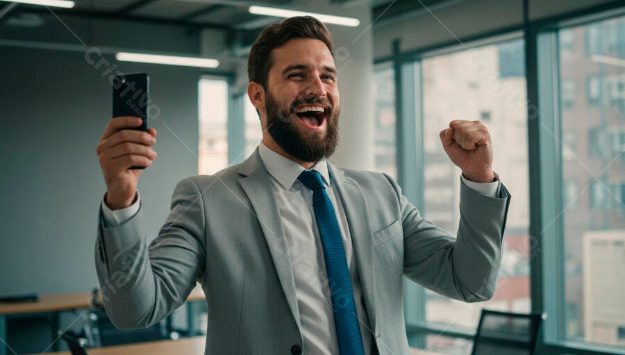 Homem de negócios com barba celebrando vitória segurando celular em escritório moderno