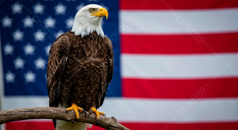Águia-careca majestosa empoleirada em galho com bandeira americana ao fundo