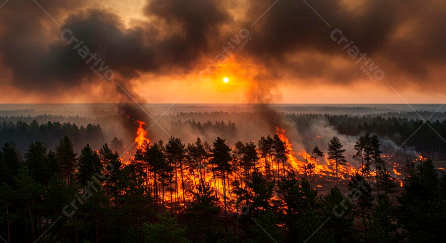 Incêndio florestal devastador com grandes chamas e fumaça densa ao pôr do sol laranja