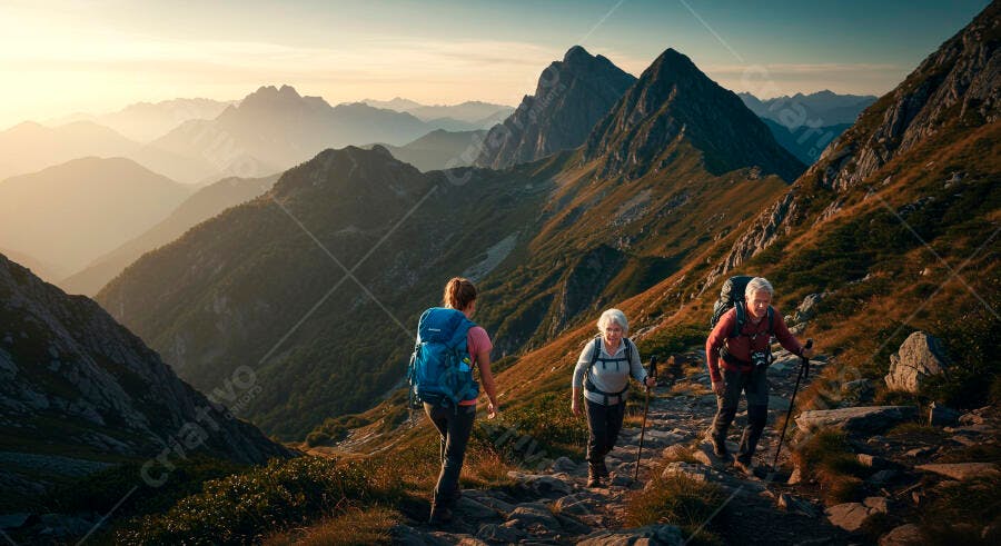 Três caminhantes brancos com mochilas em trilha rochosa de montanha no pôr do sol dourado