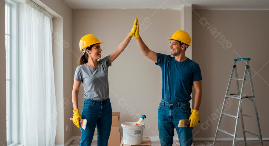 Casal de pintores feliz dando high-five em reforma de casa com capacetes amarelos