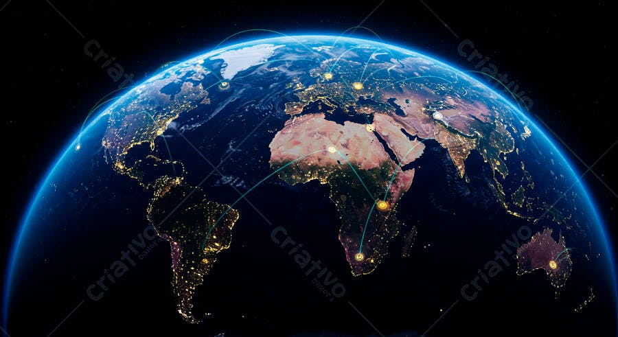 Planeta Terra azul rede de comunicação global e cidades iluminadas à noite