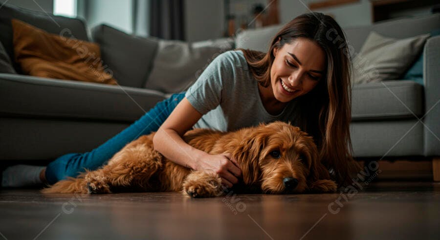 Mulher morena sorrindo acaricia cachorro marrom no chão da sala de estar