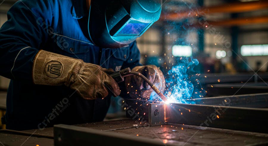 Soldador profissional com capacete e luvas soldando metal com faíscas azuis em fábrica