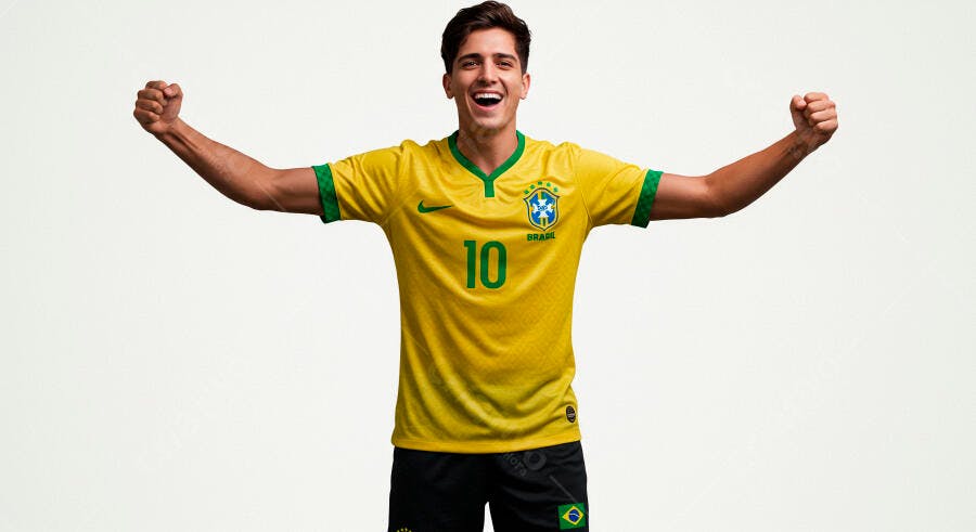 Homem jovem sorrindo com camisa amarela do Brasil número 10 celebrando vitória