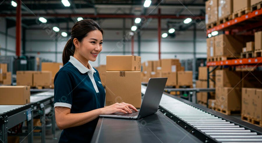 Mulher asiática profissional de logística sorrindo digitando no laptop em armazém moderno