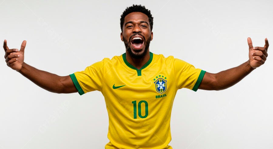 Homem negro sorrindo com camisa do Brasil amarela vibrante número 10 celebrando vitoria
