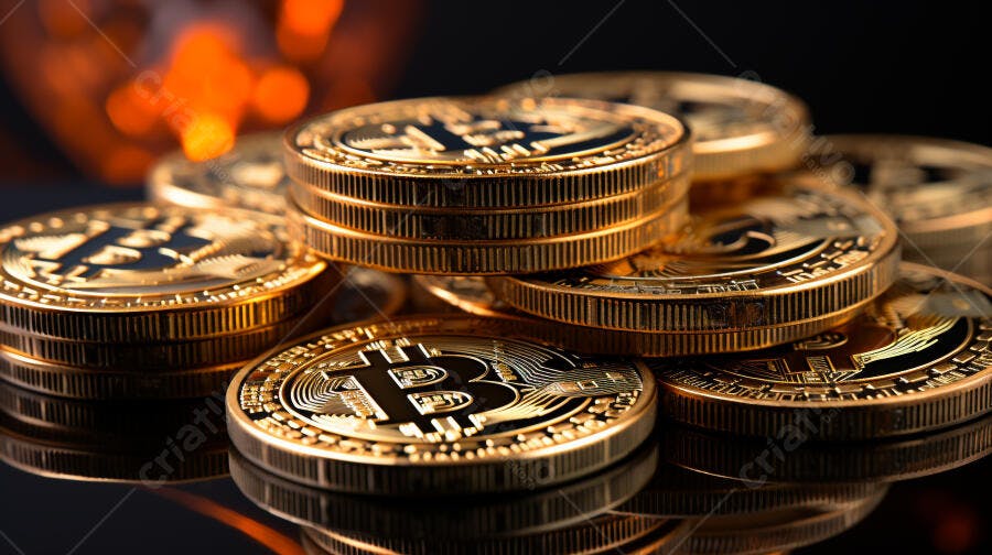 Moedas de Bitcoin douradas empilhadas em superfície escura com brilho laranja