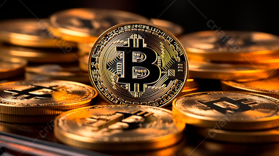 Moedas de Bitcoin douradas em destaque sobre fundo escuro para finanças e tecnologia